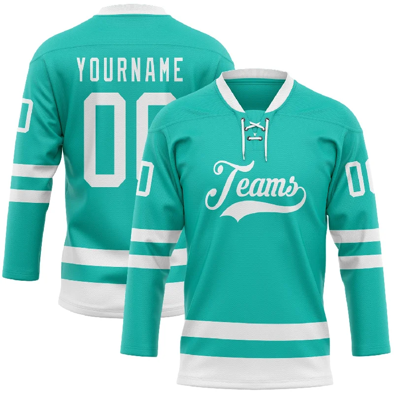 Personalized hockey jersey for team spirit events-Custom Aqua White Hockey Lace Neck Jersey