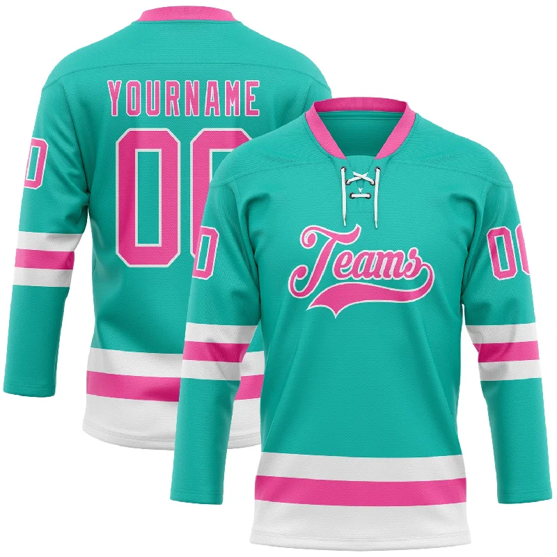 Hockey jersey with durable fabric for long-lasting wear-Custom Aqua Pink-White Hockey Lace Neck Jersey