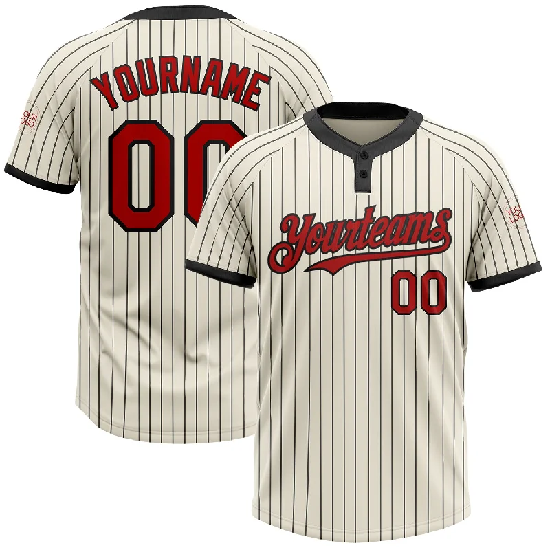 Softball jersey with fully customizable options-Custom Cream Black Pinstripe Red Two-Button Unisex Softball Jersey