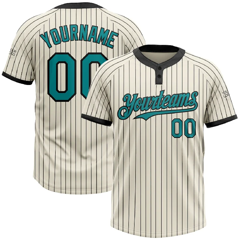 Softball jersey with stylish side panels for a modern look-Custom Cream Black Pinstripe Teal Two-Button Unisex Softball Jersey