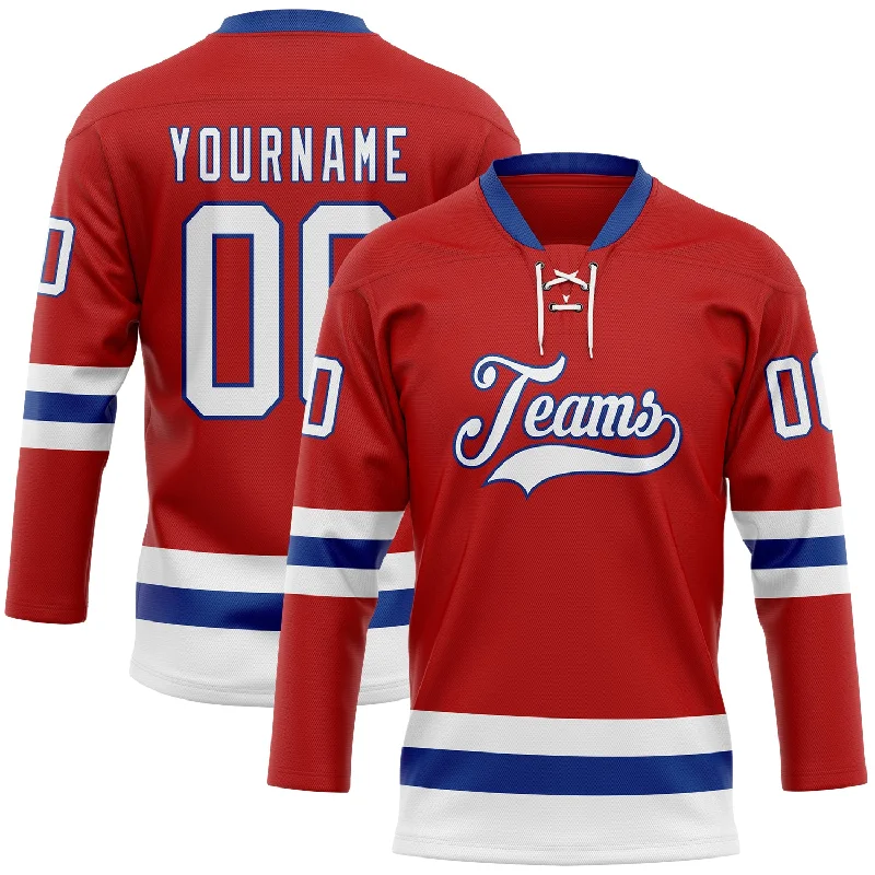 Hockey jersey with optimal moisture management for athletes-Custom Red White-Royal Hockey Lace Neck Jersey