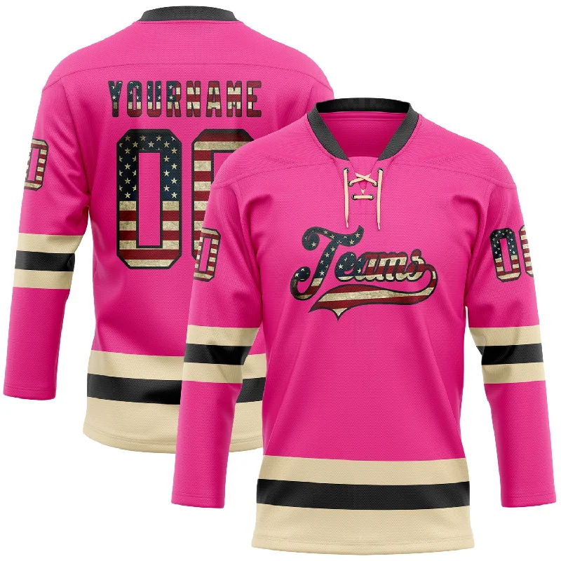 Personalized hockey jersey with professional team details-Custom Pink Vintage USA Flag Black-Cream Hockey Lace Neck Jersey