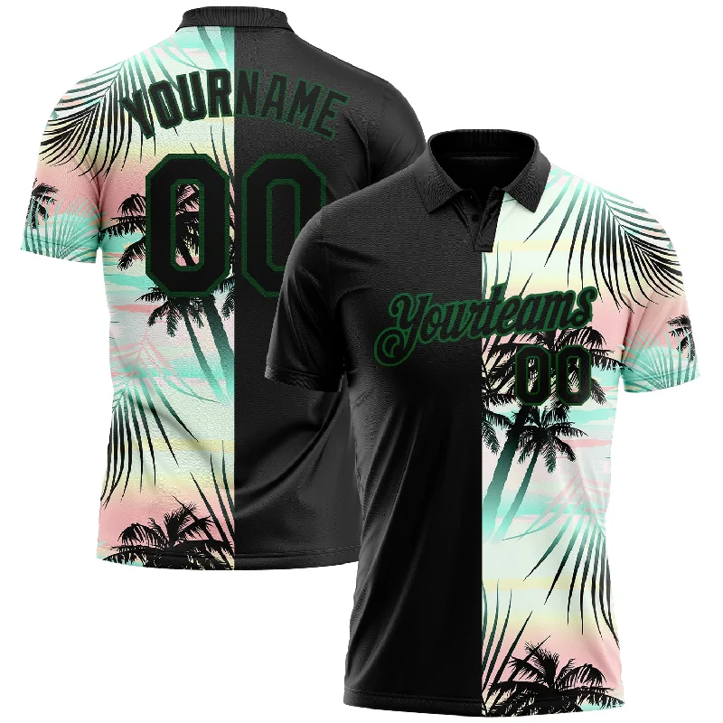 Custom golf polo shirt with luxury details for exclusive designs-Custom Black Green 3D Pattern Design Tropical Hawaii Palm Leaves Performance Golf Polo Shirt