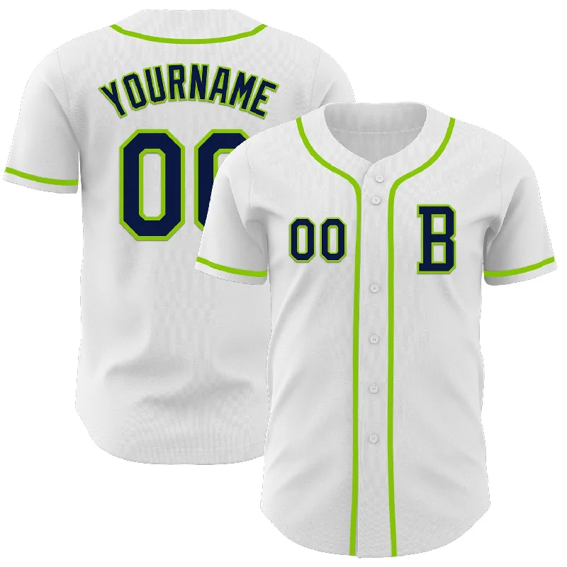 Custom team baseball jersey with your logo-Custom White Navy-Neon Green Authentic Baseball Jersey