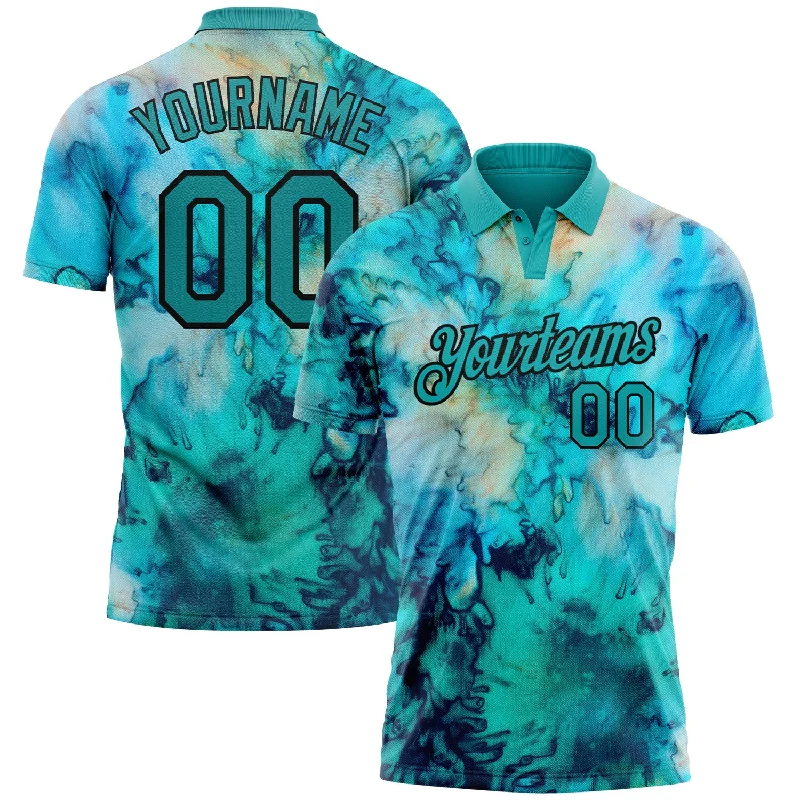 Golf polo shirt with odor-resistant properties for longer wear-Custom Tie Dye Teal-Black 3D Performance Golf Polo Shirt