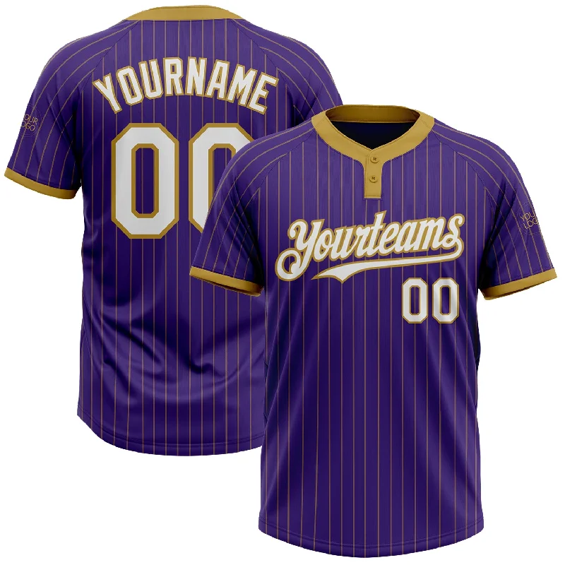 Softball jersey with a unique, custom design-Custom Purple Old Gold Pinstripe White Two-Button Unisex Softball Jersey