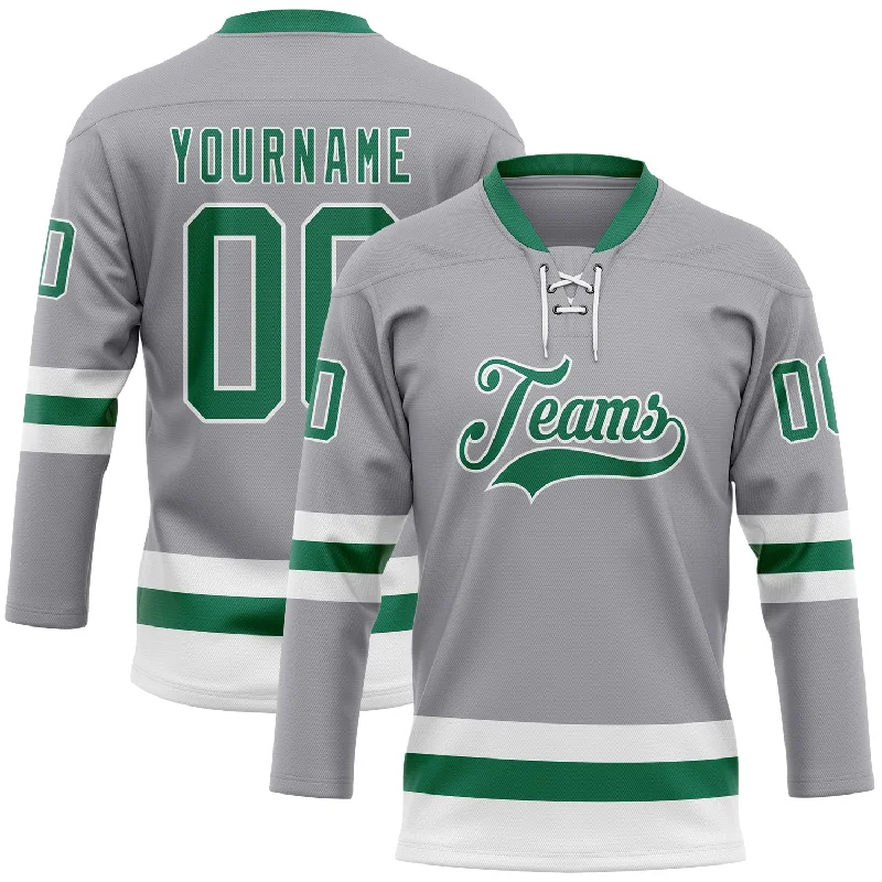 Custom hockey jersey with bold team branding-Custom Gray Kelly Green-White Hockey Lace Neck Jersey