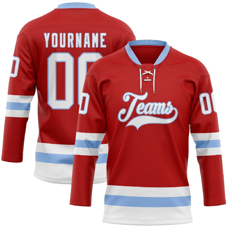 Custom hockey jersey for special occasion gifts-Custom Red White-Light Blue Hockey Lace Neck Jersey