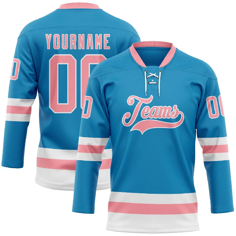 Hockey jersey with breathable mesh for ventilation-Custom Panther Blue Medium Pink-White Hockey Lace Neck Jersey