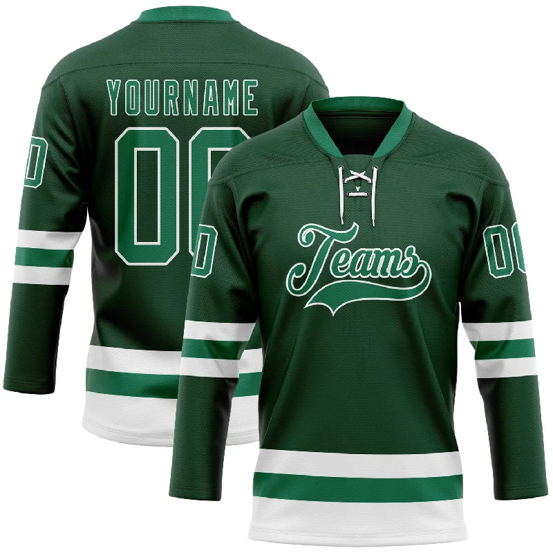 Personalized hockey jersey with name and number-Custom Green Kelly Green-White Hockey Lace Neck Jersey