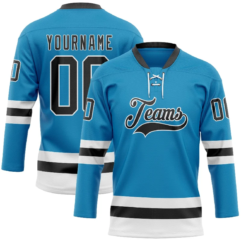 Personalized hockey jersey for fan merchandise-Custom Panther Blue Black-White Hockey Lace Neck Jersey