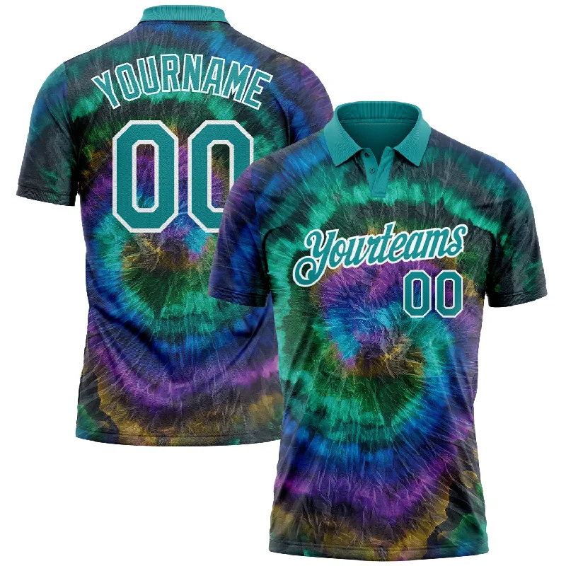 Breathable golf polo shirt for comfort-Custom Tie Dye Teal-White 3D Performance Golf Polo Shirt