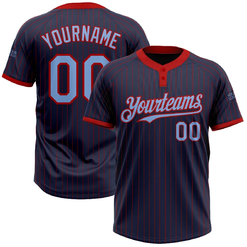 Personalized softball jersey for kids-Custom Navy Red Pinstripe Light Blue Two-Button Unisex Softball Jersey