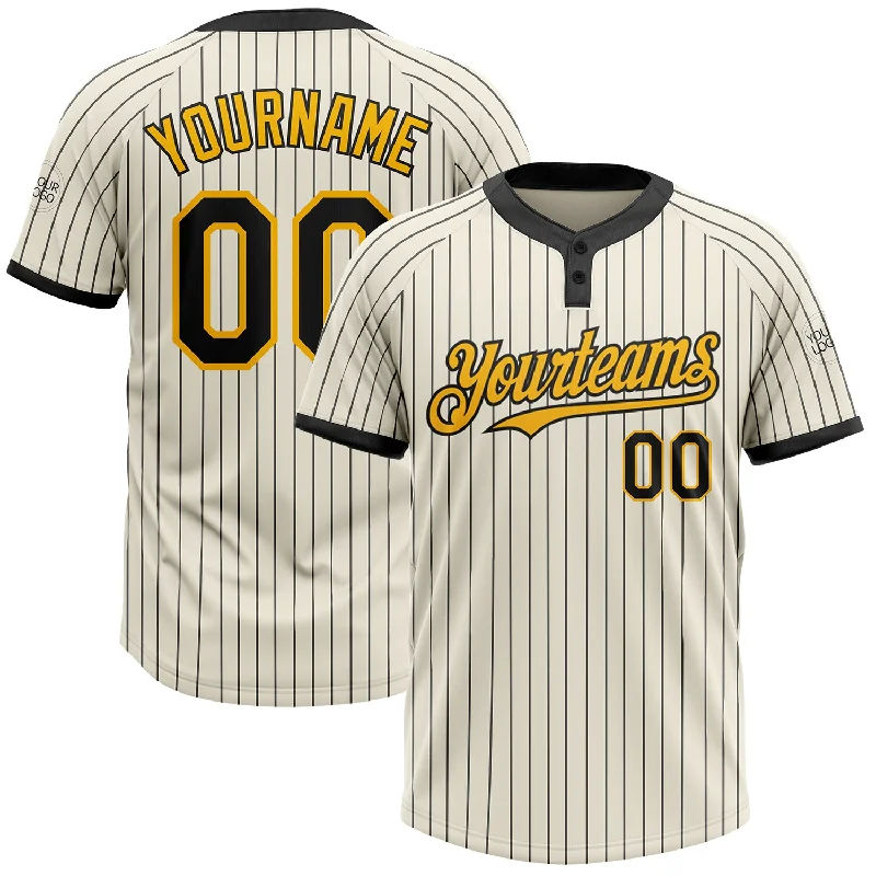 Softball jersey with slim-fitting design for a modern silhouette-Custom Cream Black Pinstripe Gold Two-Button Unisex Softball Jersey