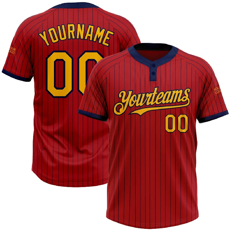 Custom softball jersey for team merchandise-Custom Red Navy Pinstripe Gold Two-Button Unisex Softball Jersey