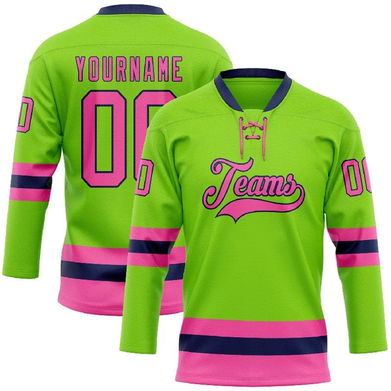 Custom hockey jersey for junior leagues-Custom Neon Green Pink-Navy Hockey Lace Neck Jersey