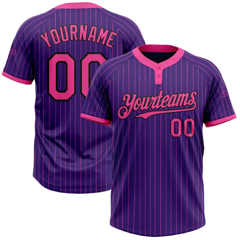 Custom softball jersey with contrast color blocking-Custom Purple Pink Pinstripe Black Two-Button Unisex Softball Jersey