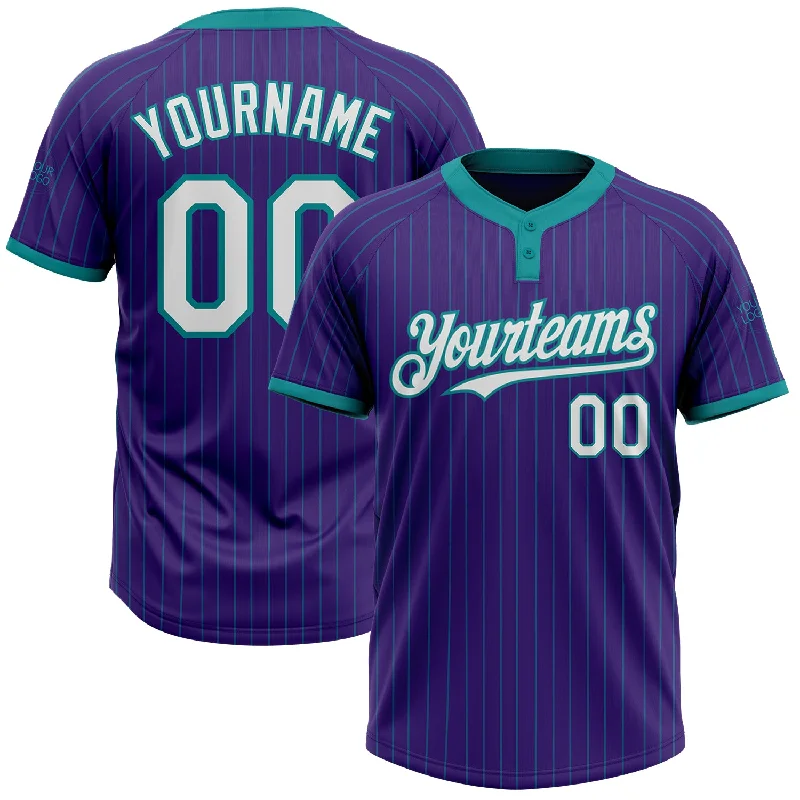 Softball jersey with a moisture-resistant finish-Custom Purple Teal Pinstripe White Two-Button Unisex Softball Jersey