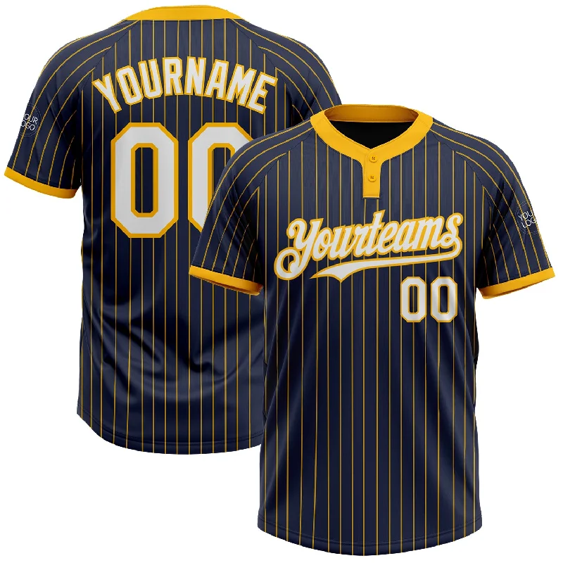 Softball jersey with raglan sleeves for mobility-Custom Navy Gold Pinstripe White Two-Button Unisex Softball Jersey