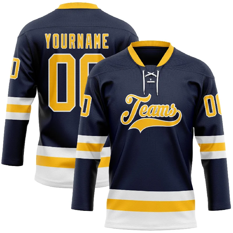 Personalized hockey jersey for school sports teams-Custom Navy Gold-White Hockey Lace Neck Jersey