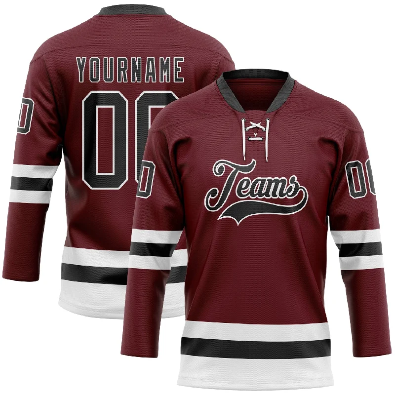 Custom hockey jersey with embroidered patches-Custom Burgundy Black-White Hockey Lace Neck Jersey