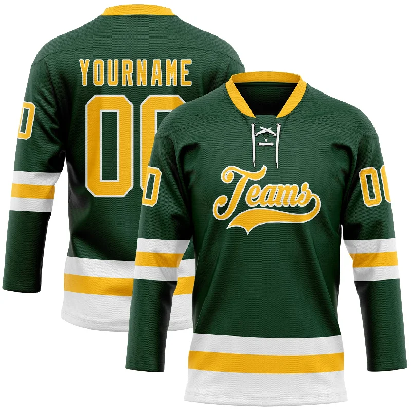 Personalized hockey jersey with sponsor logos-Custom Green Gold-White Hockey Lace Neck Jersey