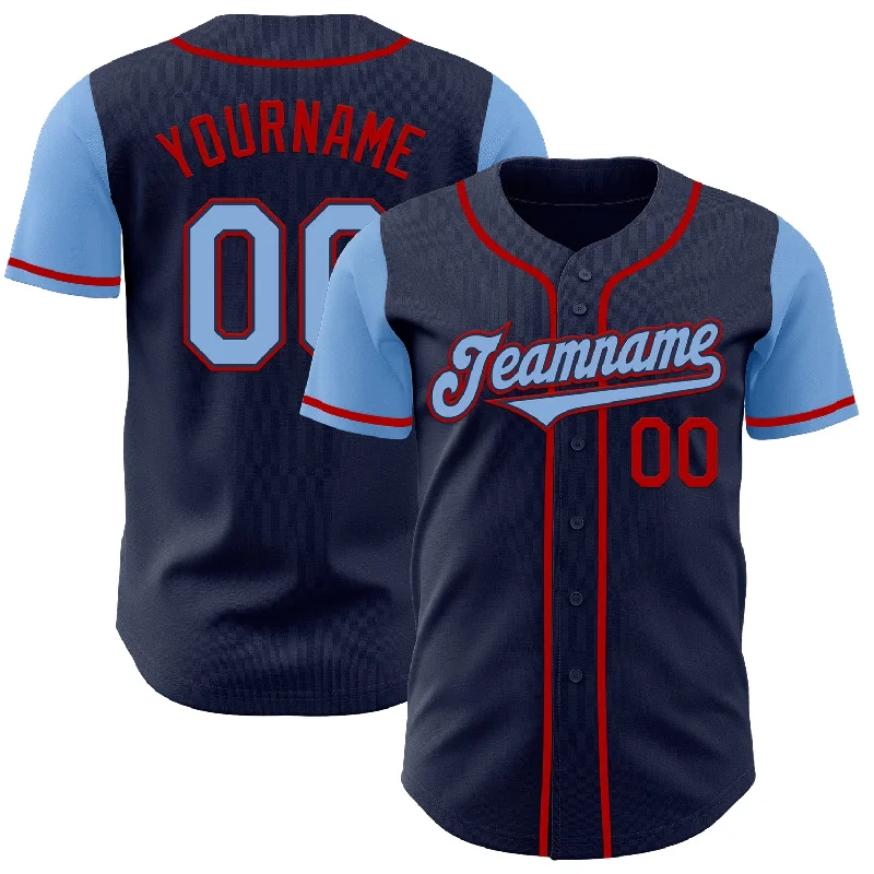 Personalized baseball jersey for fans and collectors-Custom Navy Light Blue-Red Authentic Two Tone Baseball Jersey