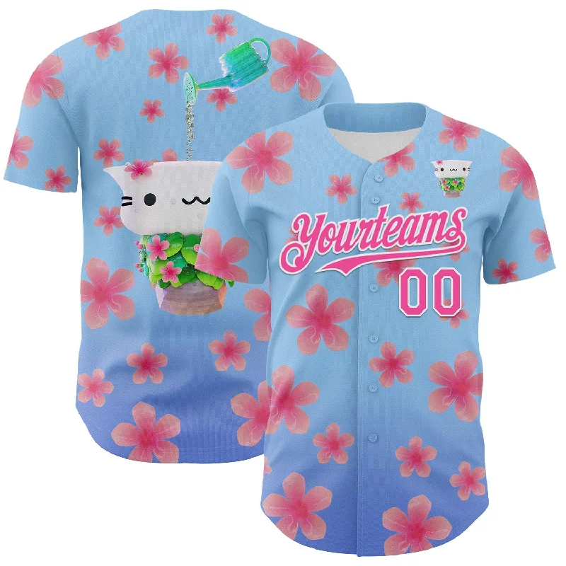 Baseball jersey for sports clubs and organizations-Custom Light Blue Pink-White 3D Cindy Suen Flowers Bloom Authentic Baseball Jersey