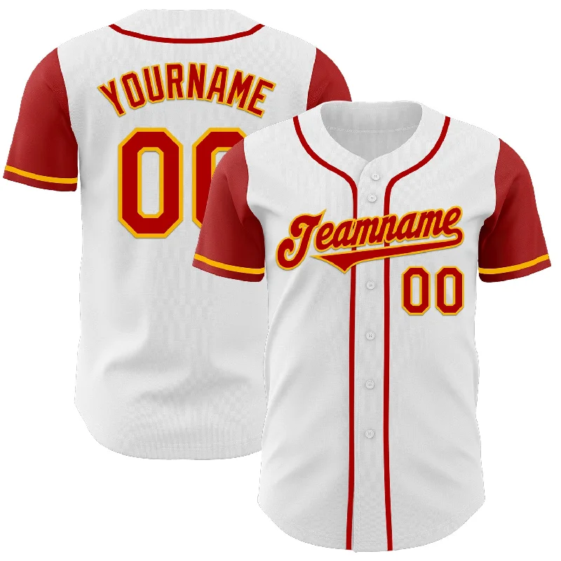 Custom baseball jersey for professional teams-Custom White Red-Gold Authentic Two Tone Baseball Jersey