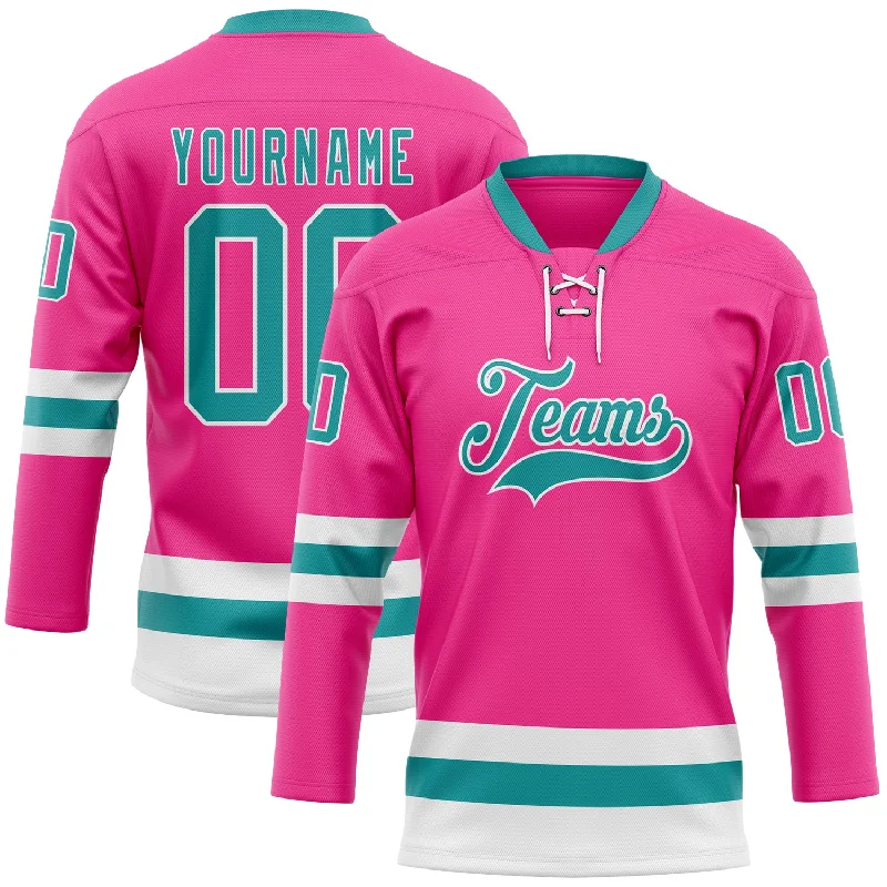 Custom hockey jersey with a sleek, athletic fit-Custom Pink Teal-White Hockey Lace Neck Jersey