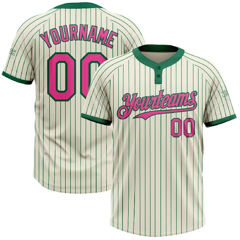 Softball jersey with contrast stitching-Custom Cream Kelly Green Pinstripe Pink Two-Button Unisex Softball Jersey