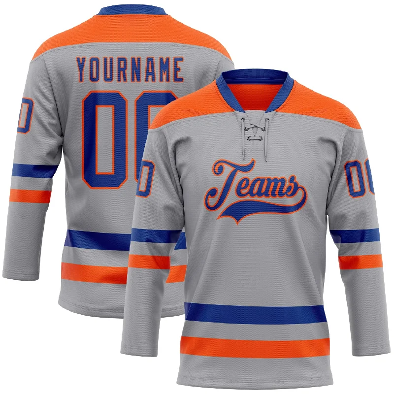 Custom hockey jersey for adult leagues-Custom Gray Royal-Orange Hockey Lace Neck Jersey