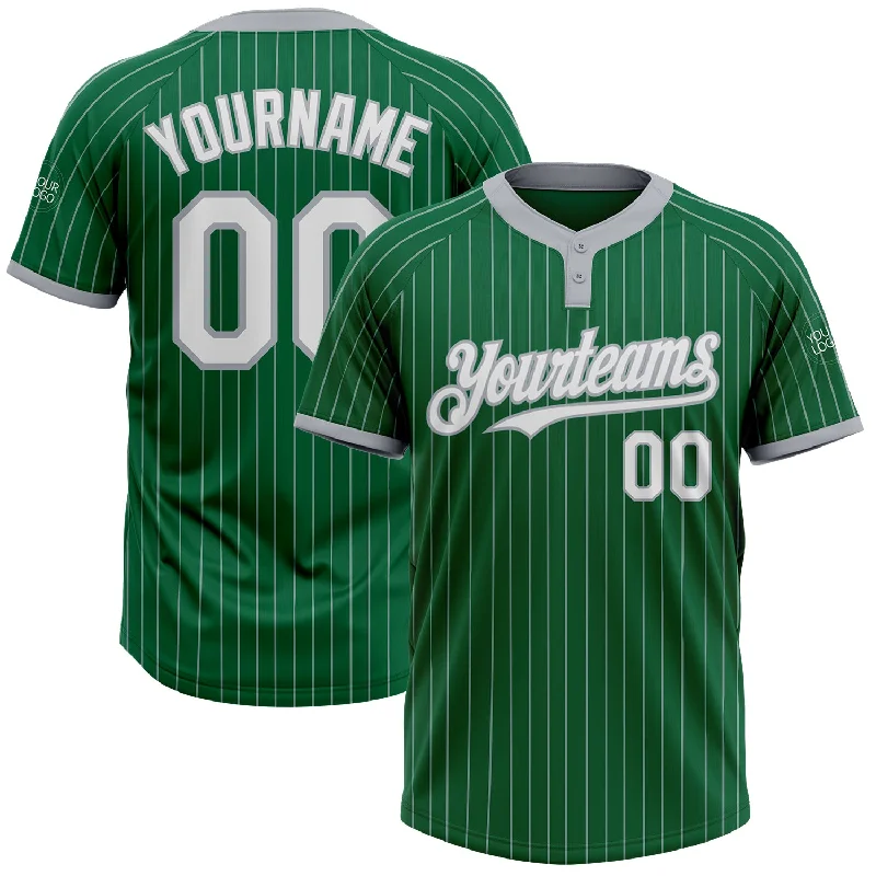 Softball jersey with unique designs for every player-Custom Kelly Green Gray Pinstripe White Two-Button Unisex Softball Jersey