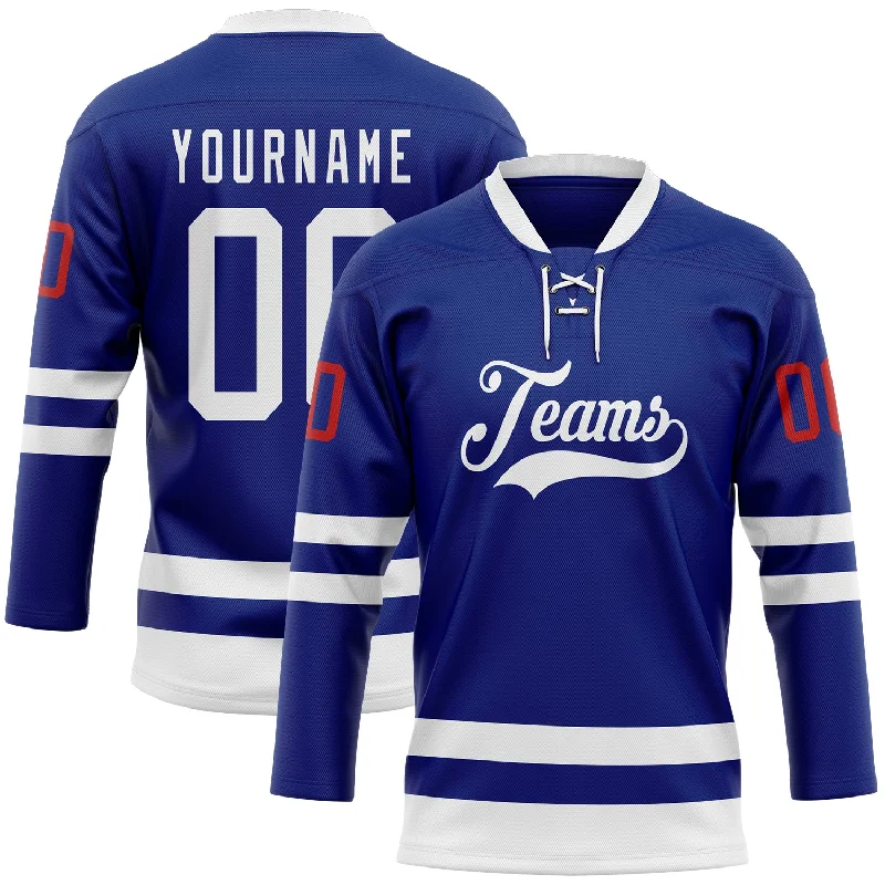 Personalized hockey jersey for official league apparel-Custom Royal White-Red Hockey Lace Neck Jersey