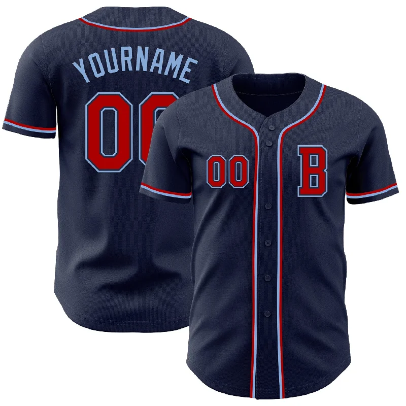 Team baseball jersey with sporty and professional look-Custom Navy Red-Light Blue Authentic Baseball Jersey