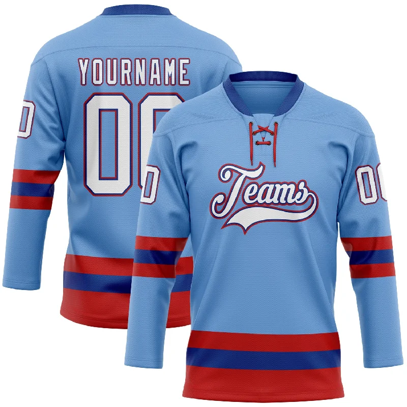 Personalized hockey jersey with a professional finish-Custom Light Blue Royal-Red Hockey Lace Neck Jersey