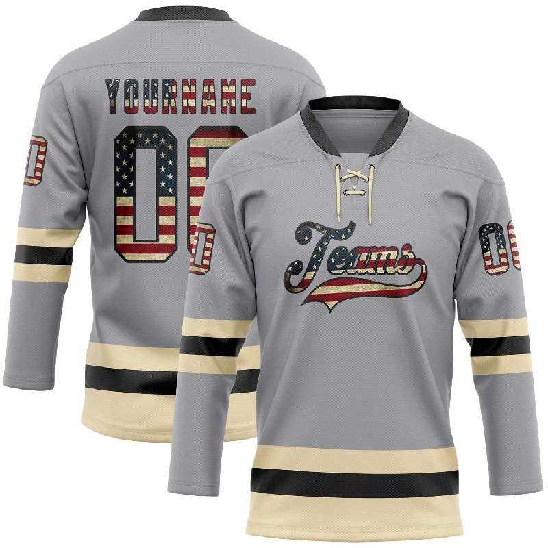 Personalized hockey jersey with custom color designs-Custom Gray Vintage USA Flag Black-Cream Hockey Lace Neck Jersey