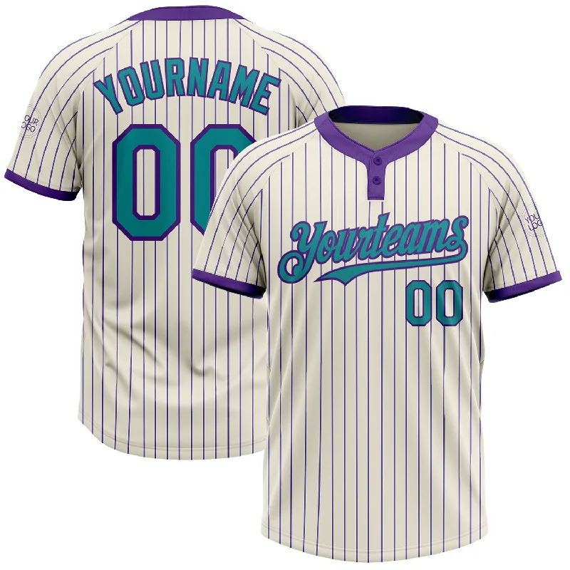 Softball jersey with moisture-wicking fabric-Custom Cream Purple Pinstripe Teal Two-Button Unisex Softball Jersey