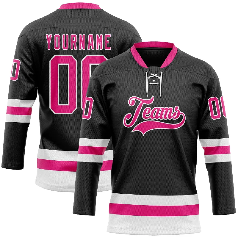 Personalized hockey jersey with name and number-Custom Black Hot Pink-White Hockey Lace Neck Jersey