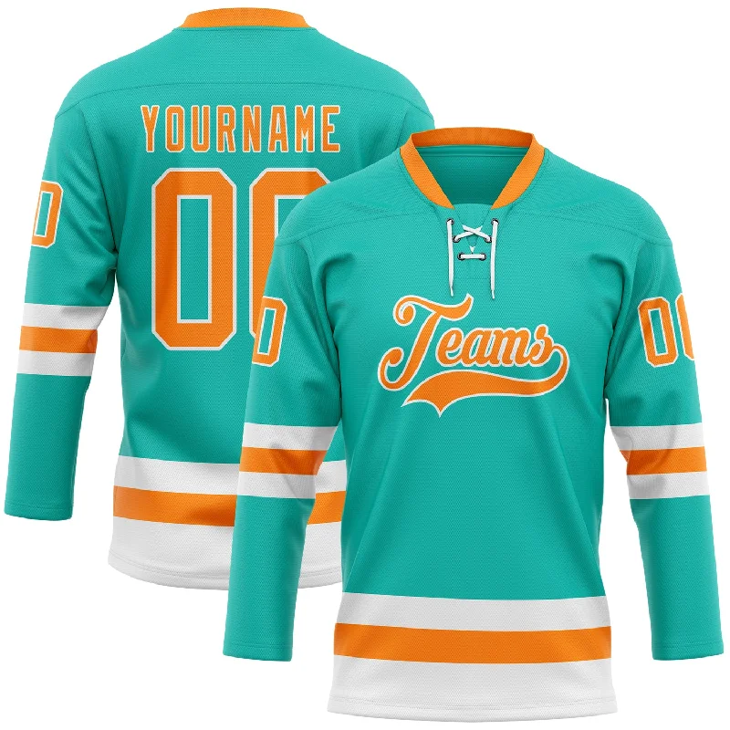 Hockey jersey with mesh inserts for enhanced airflow-Custom Aqua Bay Orange-White Hockey Lace Neck Jersey