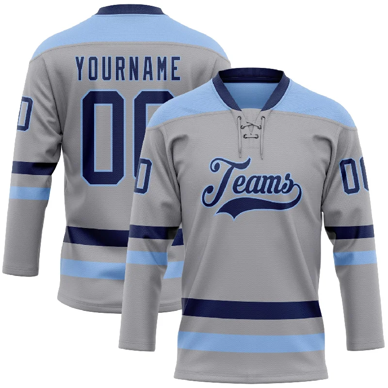 Hockey jersey with stretch fabric for flexibility-Custom Gray Navy-Light Blue Hockey Lace Neck Jersey