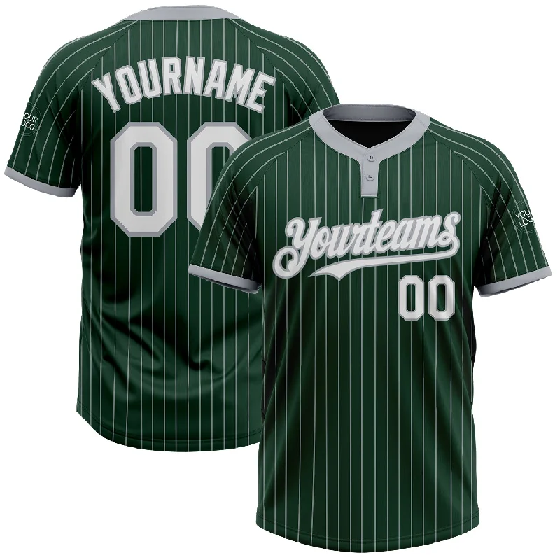 Custom softball jersey with sublimation printing options-Custom Green Gray Pinstripe White Two-Button Unisex Softball Jersey