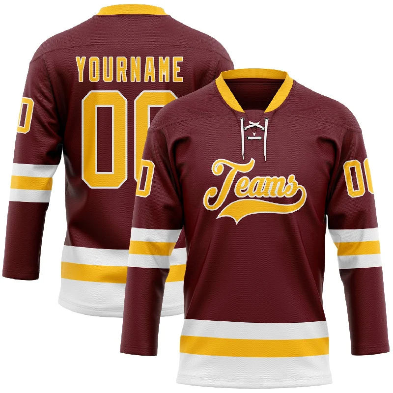 Hockey jersey with moisture-wicking technology-Custom Burgundy Gold-White Hockey Lace Neck Jersey