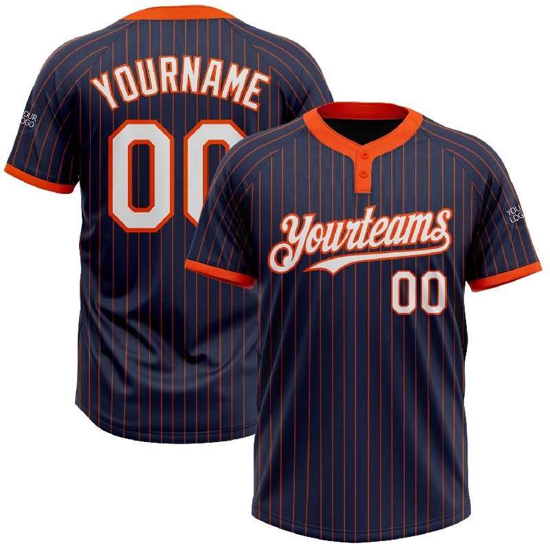 Custom embroidered softball jersey-Custom Navy Orange Pinstripe White Two-Button Unisex Softball Jersey