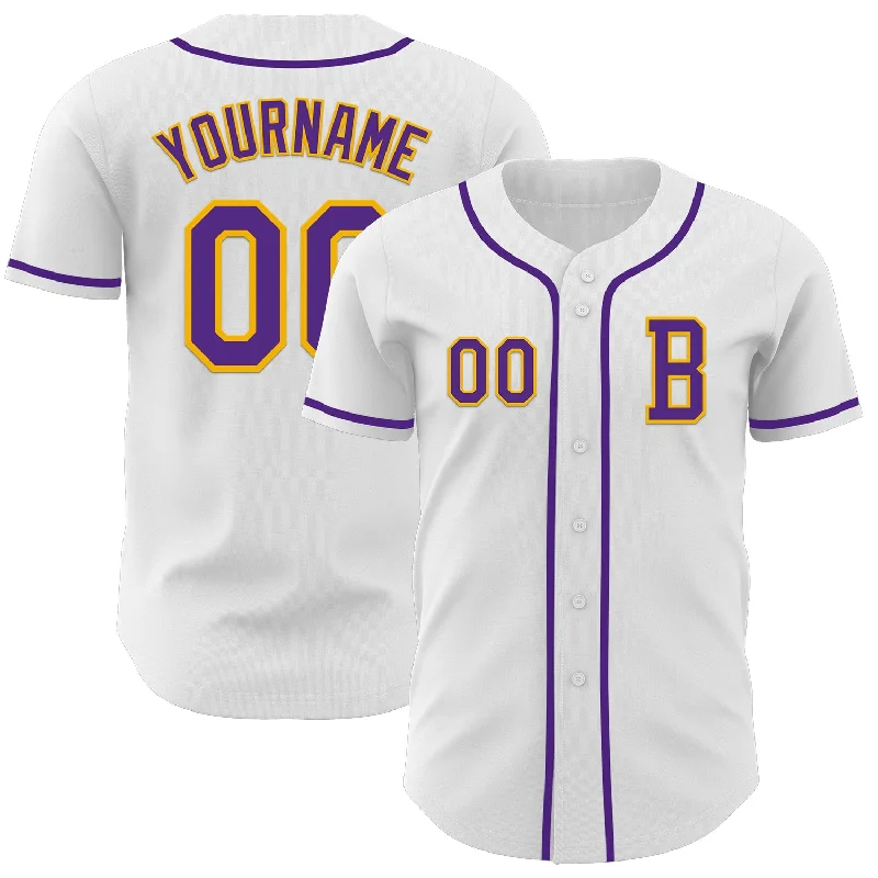 Premium baseball jersey for adults-Custom White Purple-Gold Authentic Baseball Jersey