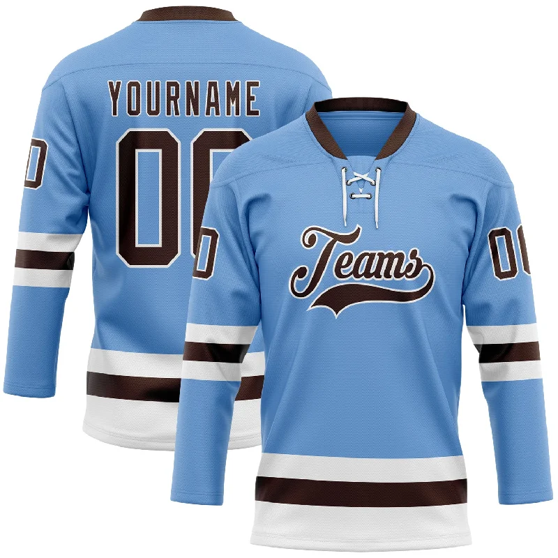 Personalized hockey jersey with player number and name-Custom Light Blue Brown-White Hockey Lace Neck Jersey