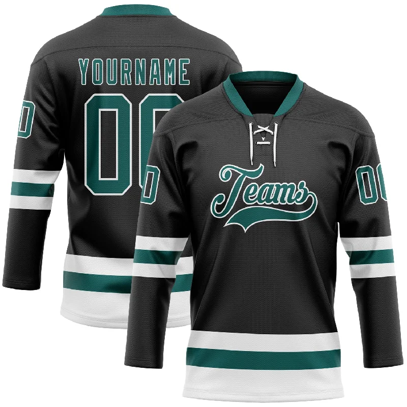 Custom hockey jersey with team logo-Custom Black Midnight Green-White Hockey Lace Neck Jersey