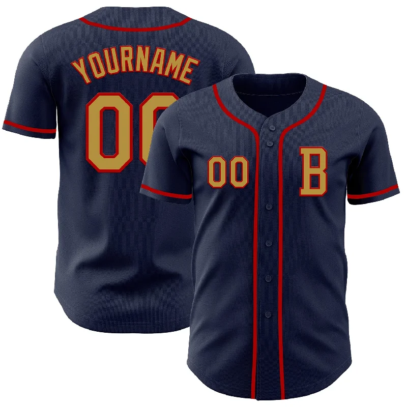 Baseball jersey with breathable mesh panels for ventilation-Custom Navy Old Gold-Red Authentic Baseball Jersey