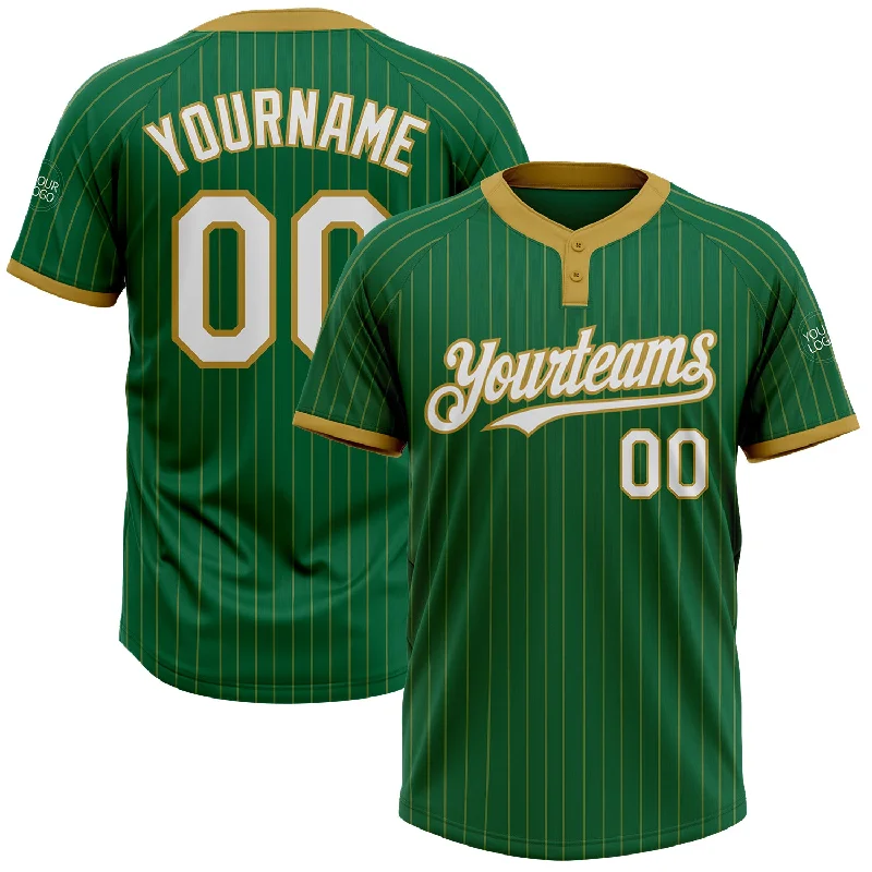 Custom softball jersey for professional teams-Custom Kelly Green Old Gold Pinstripe White Two-Button Unisex Softball Jersey