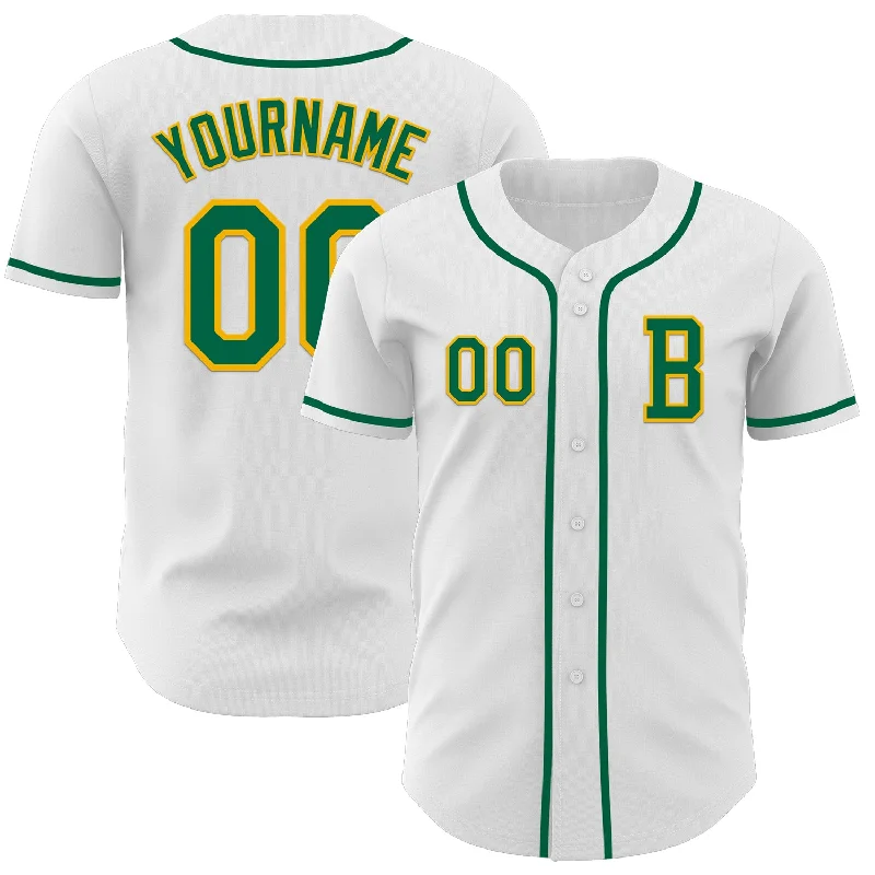 Personalized baseball jersey with team logo-Custom White Kelly Green-Gold Authentic Baseball Jersey